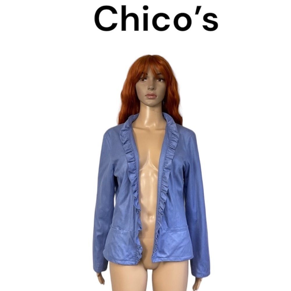 Chico's Periwinkle Ruffle Trim Snakeskin Print Open Front Cardigan Jacket Size M